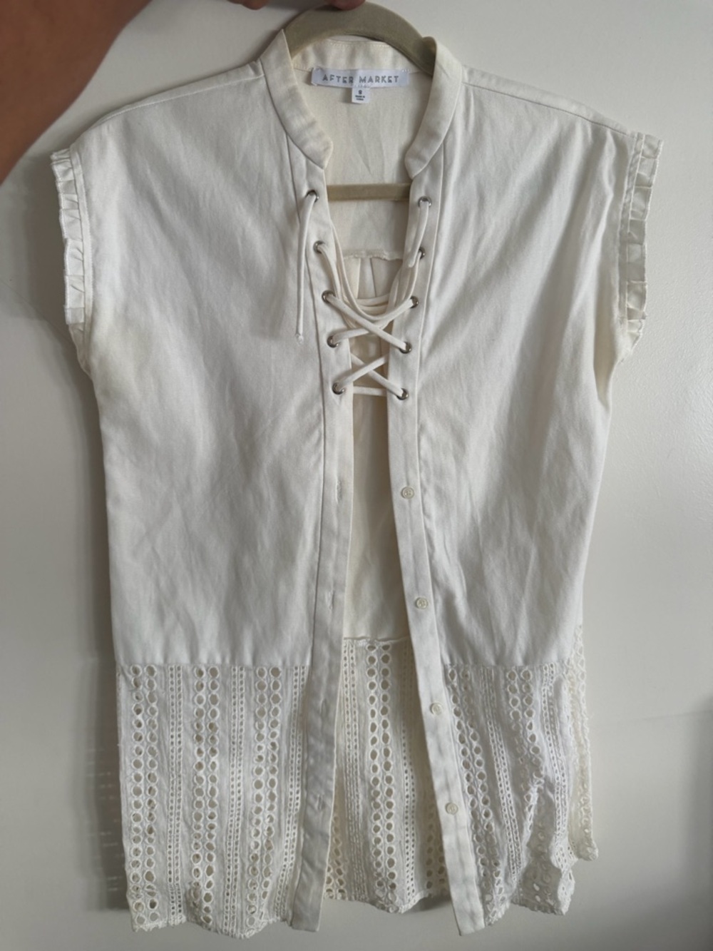 After Market Cream Lace-Trim Lace-Up Front Blouse